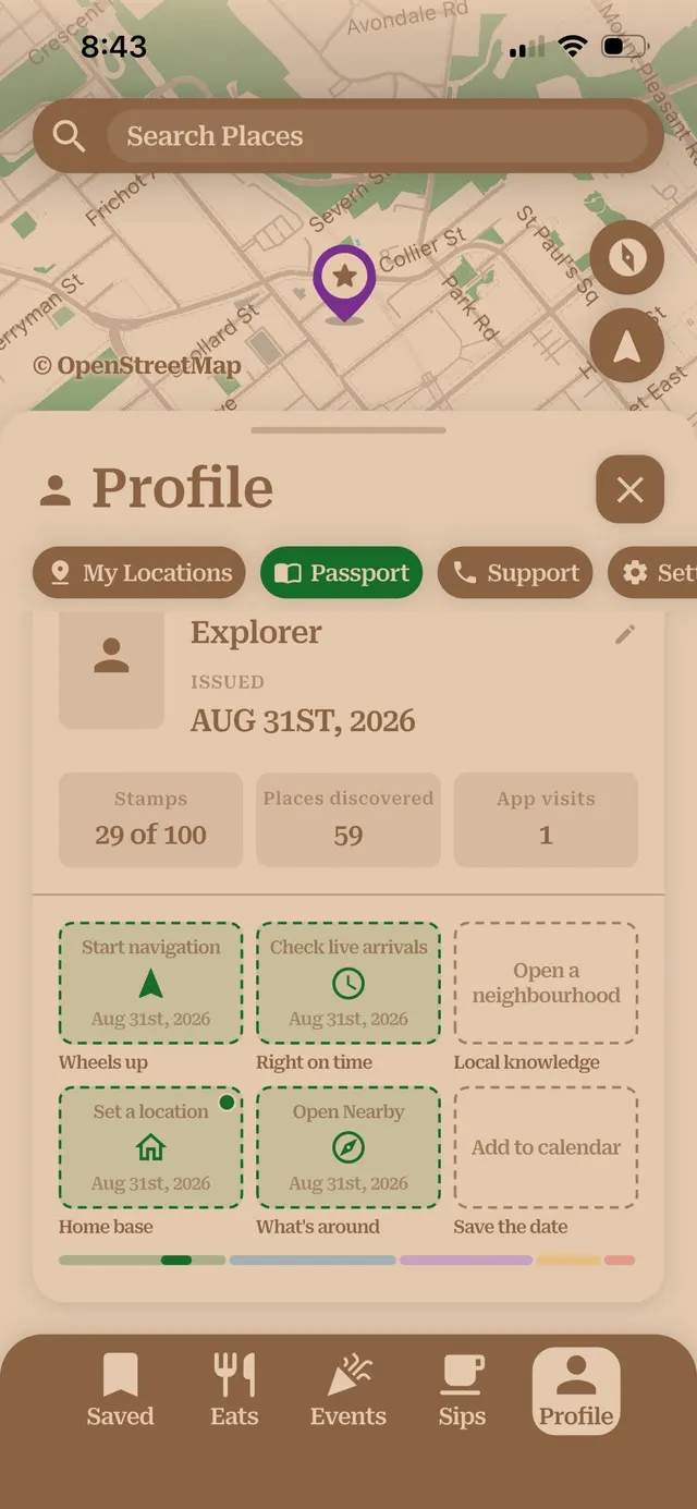 near & here. — the Profile screen with a Passport of stamps (plain capture)
