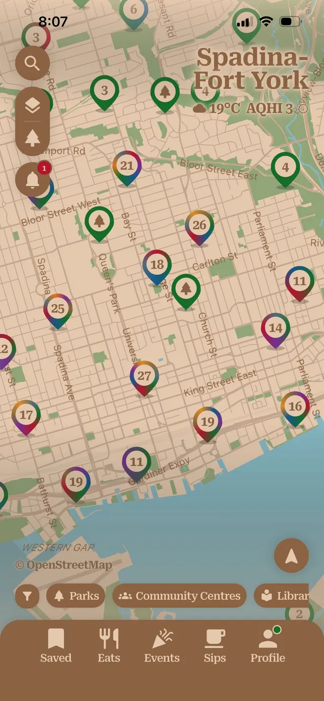 near & here. — the main map with category pins (plain capture)