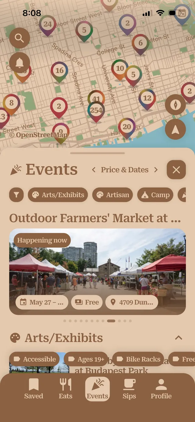 near & here. — the events list (plain capture)