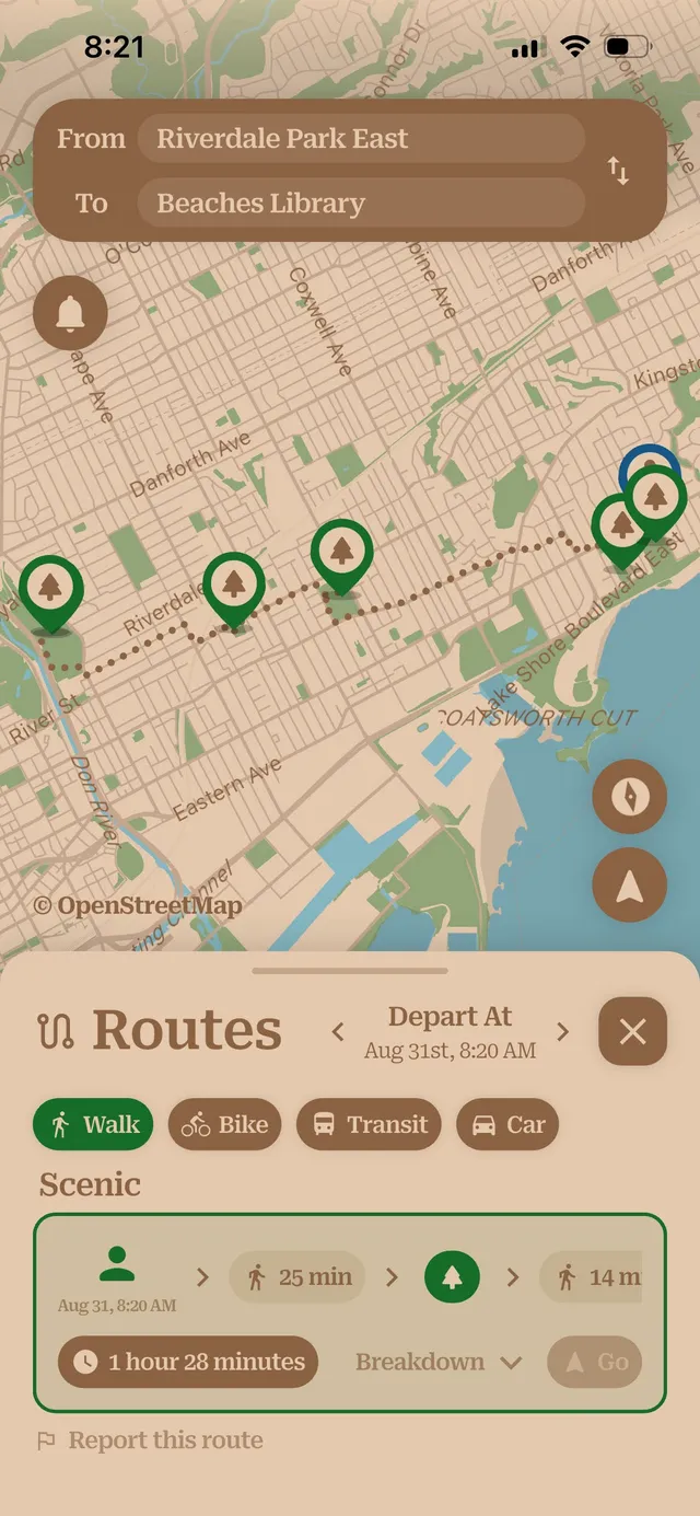 near & here. — the routes panel for walk, bike, transit, and car (plain capture)