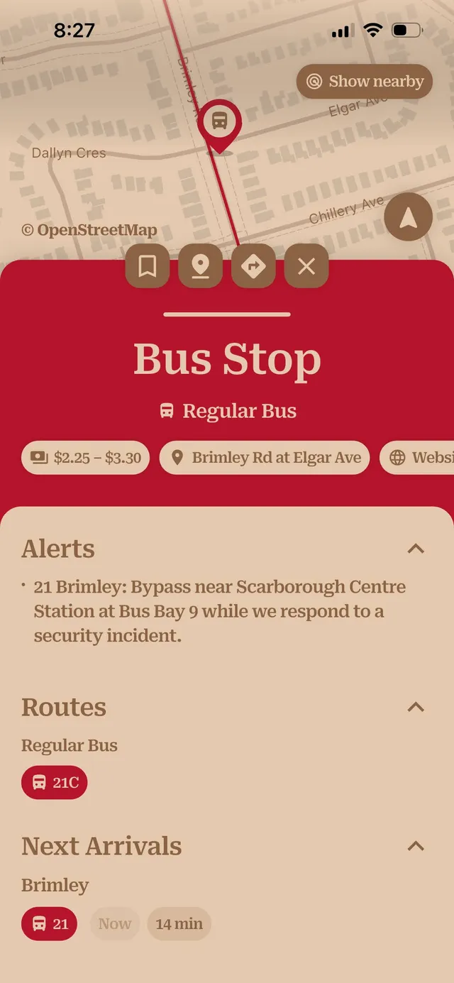 near & here. — a bus stop page with live alerts and next arrivals (plain capture)