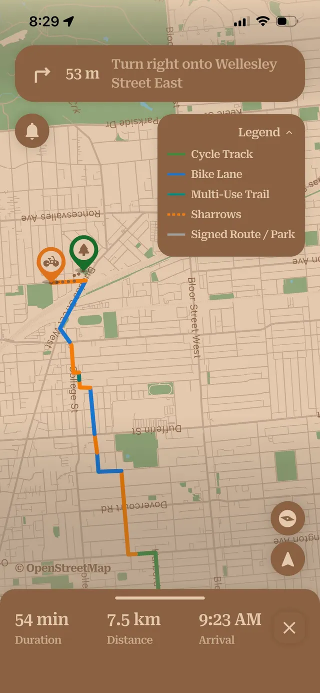 near & here. — turn-by-turn cycling navigation with a bike-infrastructure legend (plain capture)