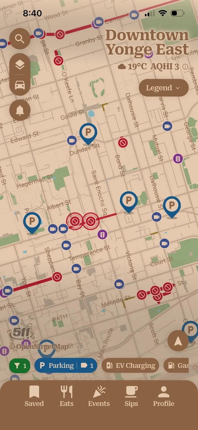 near & here. — the driving map with parking, EV charging, and road closures (plain capture)
