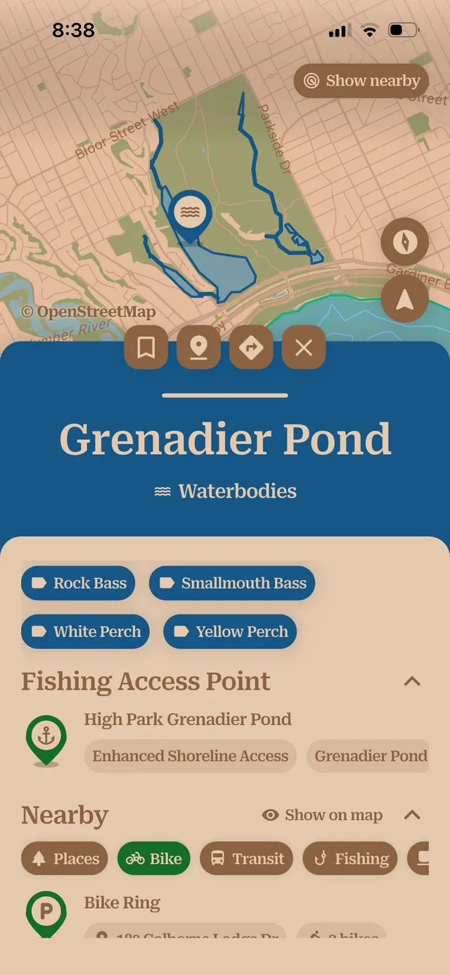 near & here. — a waterbody page listing fish species and an access point (plain capture)