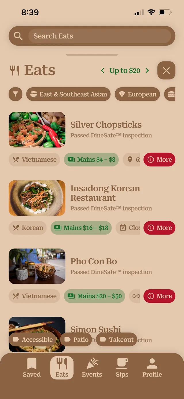 near & here. — the Eats list showing DineSafe results (plain capture)
