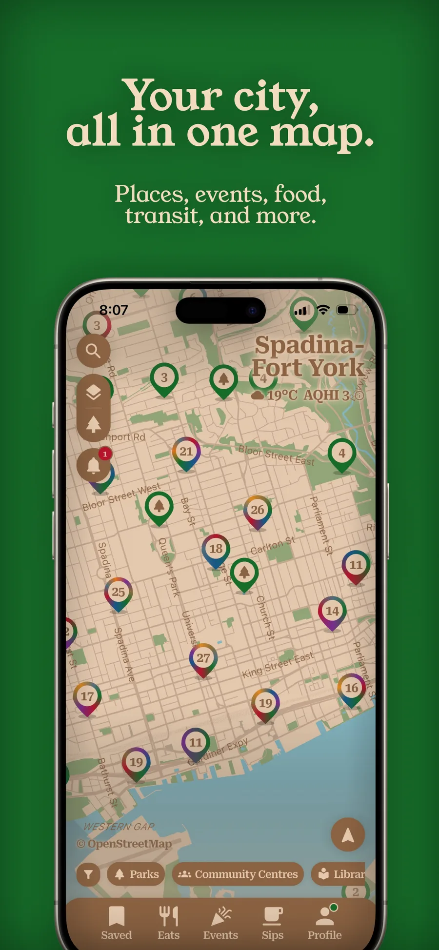 near & here. — the main map, covered in category pins over downtown Toronto