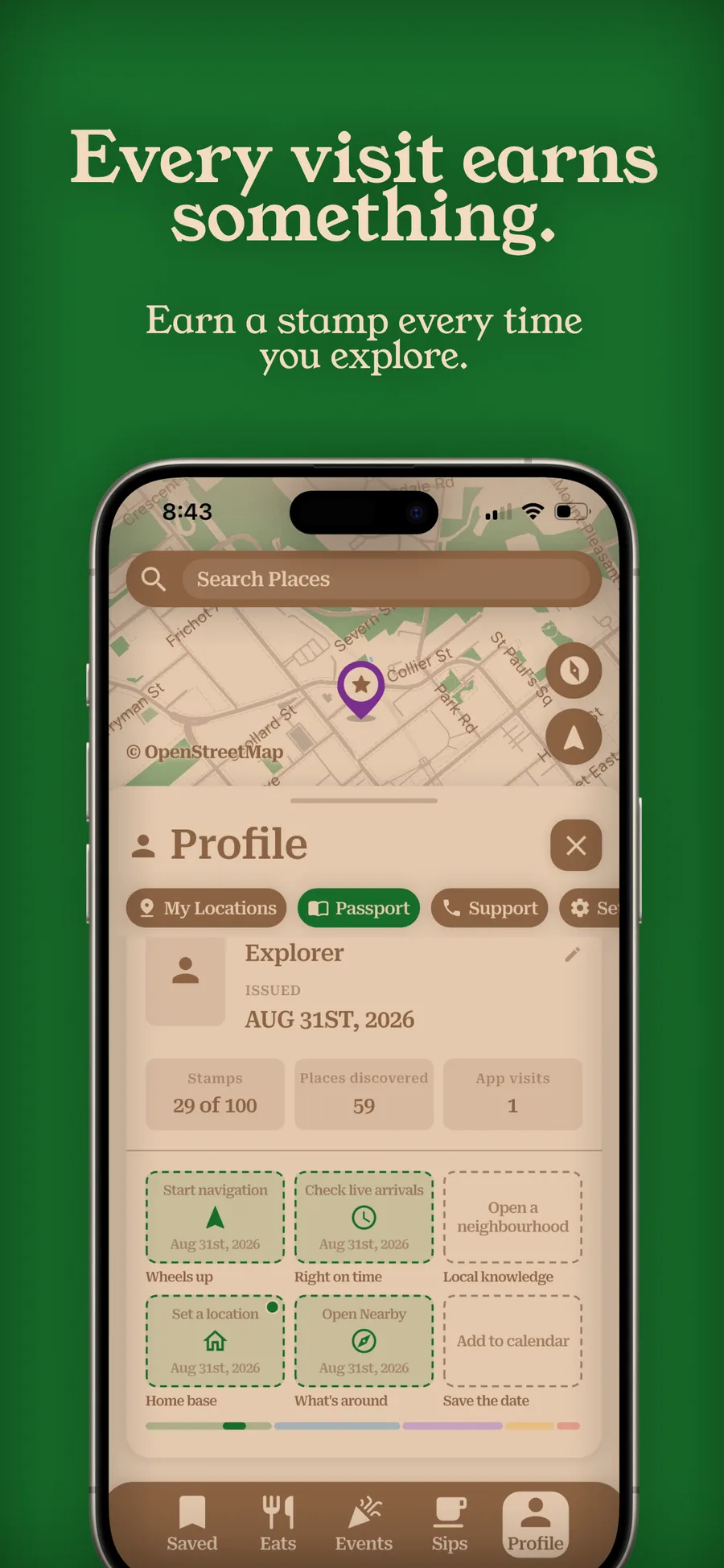 near & here. — the Profile screen showing a Passport with earned stamps