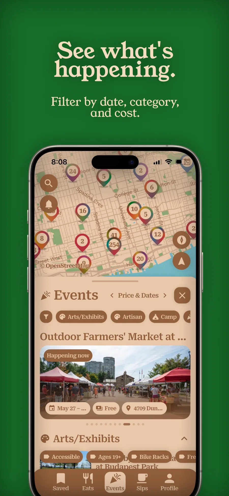 near & here. — the events list, with a farmers' market card and category filters