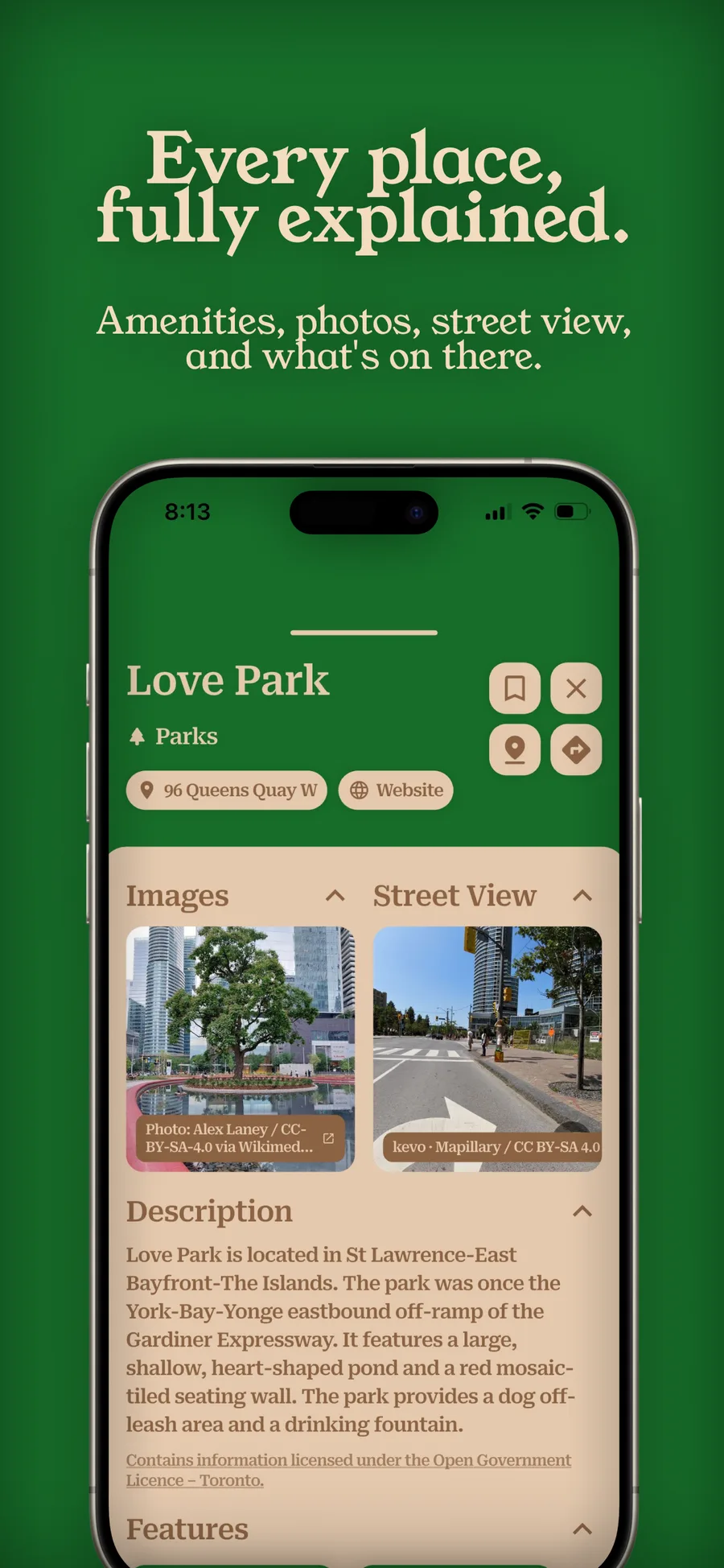 near & here. — a place page for Love Park, showing images, street view, and a description