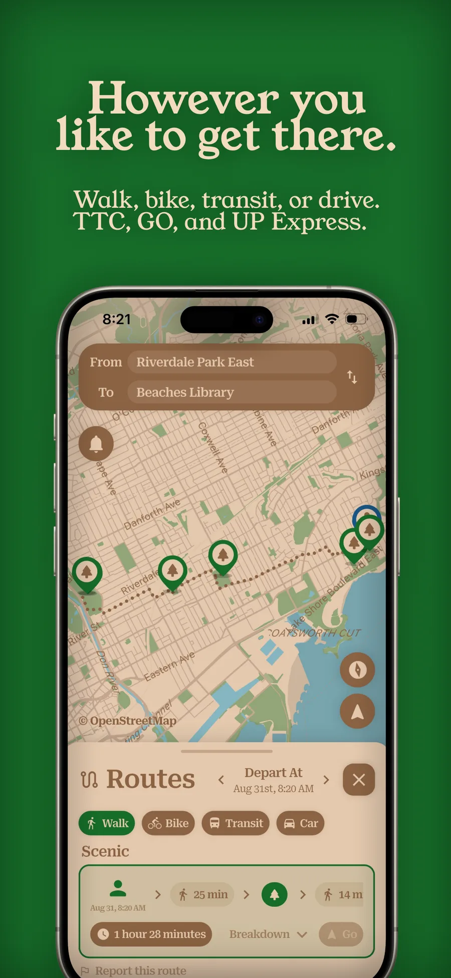 near & here. — the routes panel showing a scenic walking route through parks