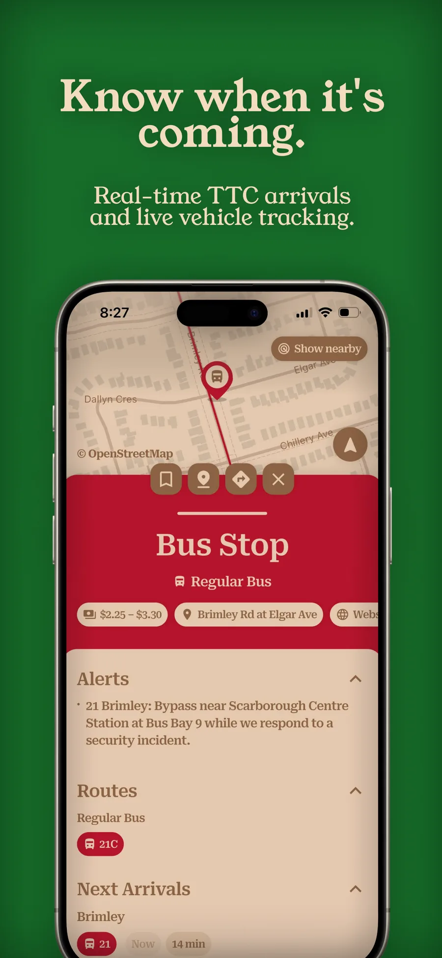 near & here. — a bus stop page with live alerts, routes, and next arrivals