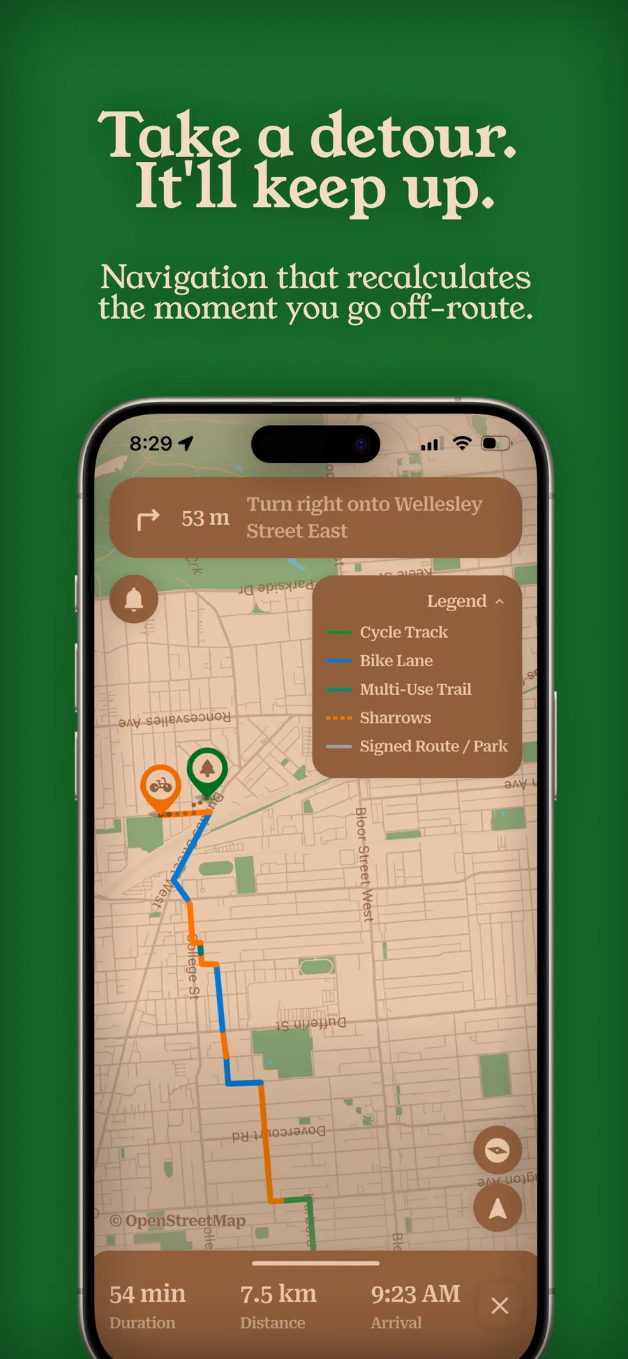near & here. — turn-by-turn cycling navigation with a bike-infrastructure legend