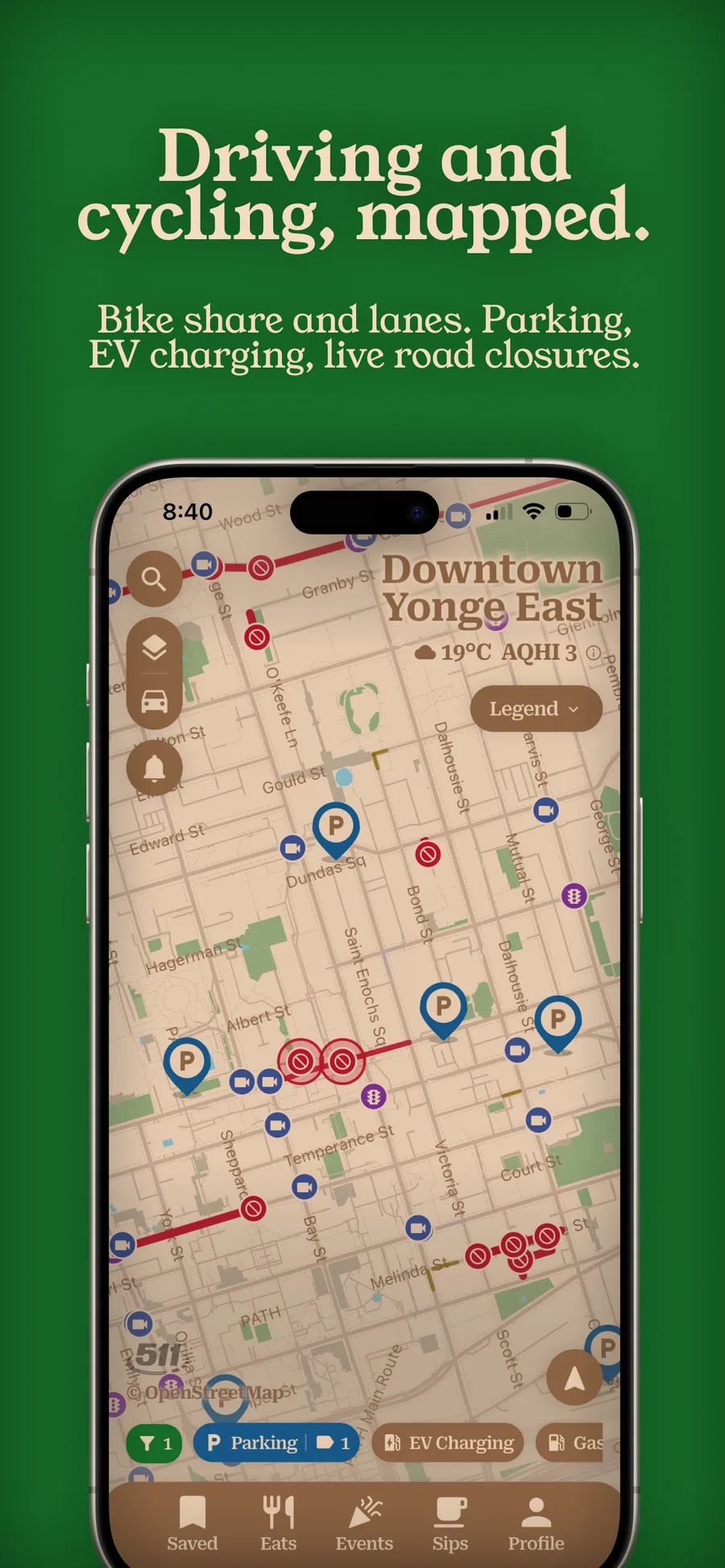 near & here. — the driving map showing parking, EV charging, and road closures downtown