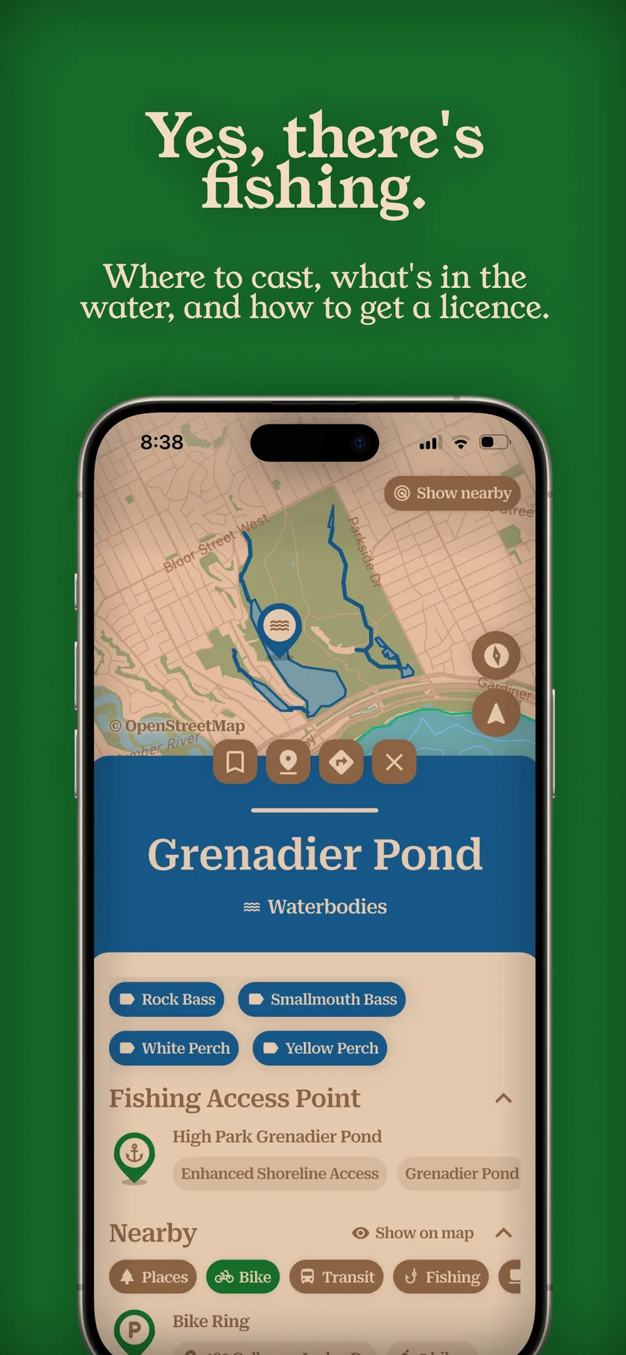 near & here. — a waterbody page for Grenadier Pond listing fish species and an access point