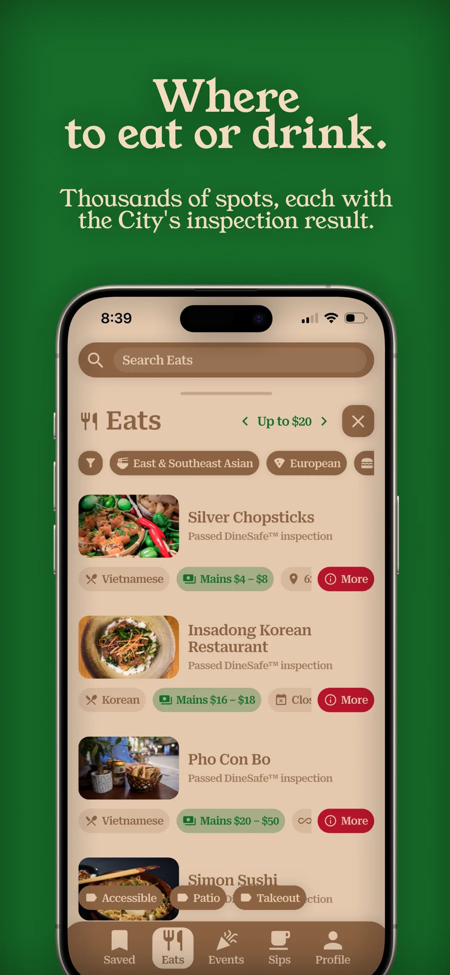 near & here. — the Eats list, each restaurant showing its DineSafe inspection result